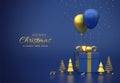 Gift box with gold bow and golden metallic pine or fir cone shape spruce trees, festive helium balloons and falling confetti on Royalty Free Stock Photo
