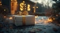 Gift Box With Gold Bow and Lights in Snowy Yard Royalty Free Stock Photo