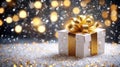 A Gift Box with a Gold Bow on a Snowy Surface with Bokeh Lights Royalty Free Stock Photo