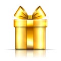 Gift box gold icon. Open surprise present template, ribbon bow, isolated white background. 3D design decoration for