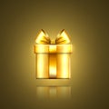 Gift box gold icon. Surprise present template, ribbon bow, isolated golden background. 3D design decoration for Royalty Free Stock Photo