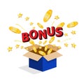 Gift box with golden coins, stars and bonus text on white background. May be used for Loyalty program, e-commerce discount service
