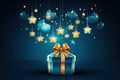 Gift box with golden stars on a blue background. Vector illustration. Generative AI Royalty Free Stock Photo