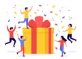 Gift box and group of happy people. Reward, prize, giveaway, bonus. Referral program. Vector illustration