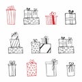 Gift box. Hand drawn simple birthday or christmas present set. Cute doodle boxes with ribbons. vector collection