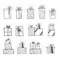 Gift box. Hand drawn simple birthday or christmas present set. Cute doodle boxes with ribbons. vector collection Royalty Free Stock Photo