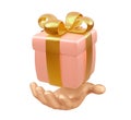 Gift box in hand. Realistic 3d pink gift box with gold bow isolated on white background. Holiday decoration present. Festive gift Royalty Free Stock Photo