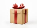 Gift box in hand, tied with red ribbon on a white background. AI-Generated