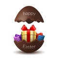 Gift box Happy Easter egg surprise. Broken chocolate Easter 3D egg, isolated white background. Decoration template card