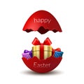 Gift box Happy Easter egg surprise. Broken red Easter 3D egg, isolated on white background. Decoration template card Royalty Free Stock Photo