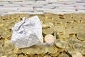 Gift box in heap of gold coins Royalty Free Stock Photo