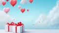 Gift box with heart balloon floating in the sky, Happy Valentines Day banners, paper art style AI Generated