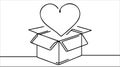 Gift box with heart of love, one line art continuous drawing. Present on Valentines day, birthday, other holiday.