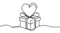 Gift box with heart of love, one line art continuous drawing. Present on Valentines day, birthday, other holiday.