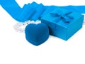 Gift box, heart ring gift box, blue ribbon and pearl beads