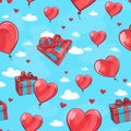 gift box with hearts and balloons floating on sky background seamless pattern Royalty Free Stock Photo