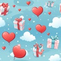 gift box with hearts and balloons floating on sky background seamless pattern Royalty Free Stock Photo