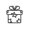 Gift box icon with bow. A simple image of a closed box. Star texture. Isolated vector on a pure white background.