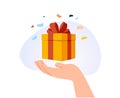 Gift box icon. Cartoon vector render object. Surprise red gift box, birthday celebration, special give away package.