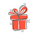 Gift box icon in comic style. Present package vector cartoon illustration on white isolated background. Surprise business concept