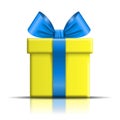 Gift box icon. Surprise present template, blue ribbon bow, isolated white background. 3D design decoration for Christmas Royalty Free Stock Photo