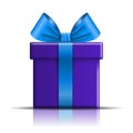 Gift box icon. Surprise present template, blue ribbon bow, isolated white background. 3D design decoration for Christmas Royalty Free Stock Photo