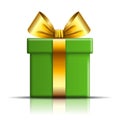 Gift box icon. Surprise present template, gold ribbon bow, isolated white background. 3D design decoration for Christmas