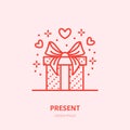 Gift in box illustration. Flat line icon, souvenir shop logo. Valentines day present sign