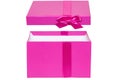 Gift box isolated. Close-up of a pink opened present or gift box with ribbon bow isolated on a white background. Birthday, Royalty Free Stock Photo