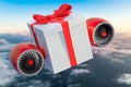 Gift box with jet engines in the sky. Gift fast delivery concept, 3D rendering