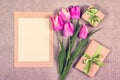 Gift box and letter. Pink tulips with blank sheet paper. Greeting card template Royalty Free Stock Photo