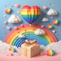 Gift box of LGBTQ love with a rainbow heart balloon