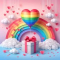 Gift box of LGBTQ love with a rainbow heart balloon