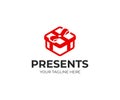 Gift box logo template. Red present box with bow vector design