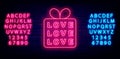 Gift box with love text neon icon. Happy Valentines Day with shiny alphabet. Isolated vector stock illustration