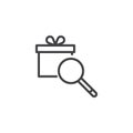 Gift box and magnifying glass outline icon