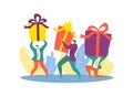 Gift box at male person group hand, surprise present for holiday, vector illustration. Man character make happy