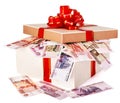 Gift box with money Russian rouble. Royalty Free Stock Photo