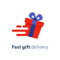 Gift box in motion icon, fast gift delivery service, present quick solution, vector illustration