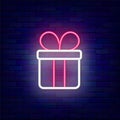 Gift box neon icon. Birthday party. Happy Valentines Day. Christmas present. Outer glowing effect. Vector illustration Royalty Free Stock Photo