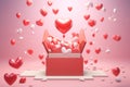 Gift box opening with pink and red hearts flying,a Valentine\'s Day delight