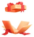 Gift box opening. Realistic present with red ribbon bow Royalty Free Stock Photo