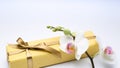 Gift box with orchid flower on white background Royalty Free Stock Photo