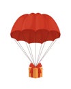 Gift box on a parachute. Surprise with red ribbon descends from sky under an elegant dome.