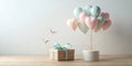 A gift box and pastel heart balloons float on a wooden surface, adorned with delicate birds in flight. Generative AI Royalty Free Stock Photo