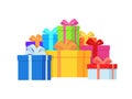 Gift box pile. Color gift boxes with bright ribbon and bow, lots of wrapped presents, christmas stylish wrap, holiday