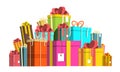 Gift Box Pile. Colorful Paper Present Boxes Heap Isolated on White Background Royalty Free Stock Photo