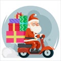 Gift box pile santa claus delivery courier scooter symbol cartoon flat design vector illustration Royalty Free Stock Photo