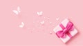Gift box pink bows ribbon with butterfly paper cut and heart, banner design on pink background