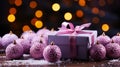 A Festive Gift Box with a Pink Ribbon and Ornaments.Generative AI